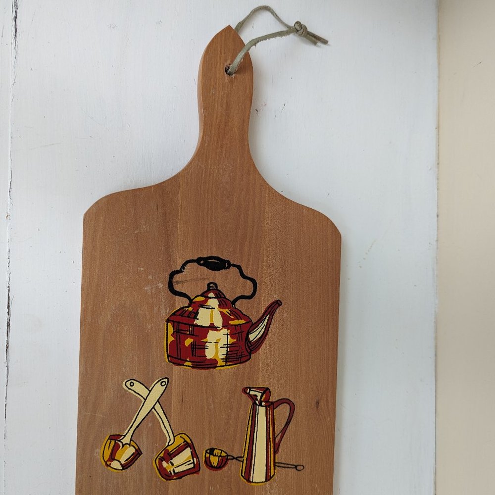 Vintage painted kitchen retro cutting board Wall Hanging Teapot Tea time break
